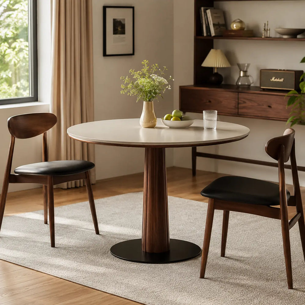 Contemporary Small Round Stone Top Wood Pedestal Dining Table