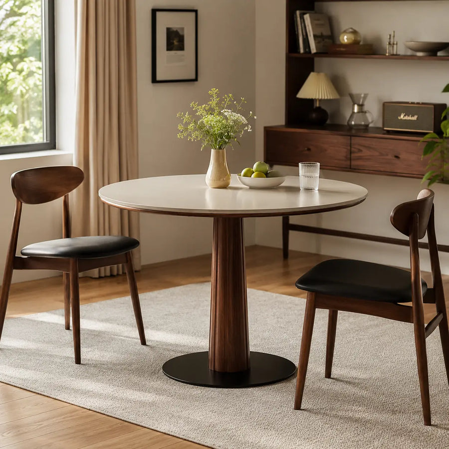 Contemporary Small Round Stone Top Wood Pedestal Dining Table