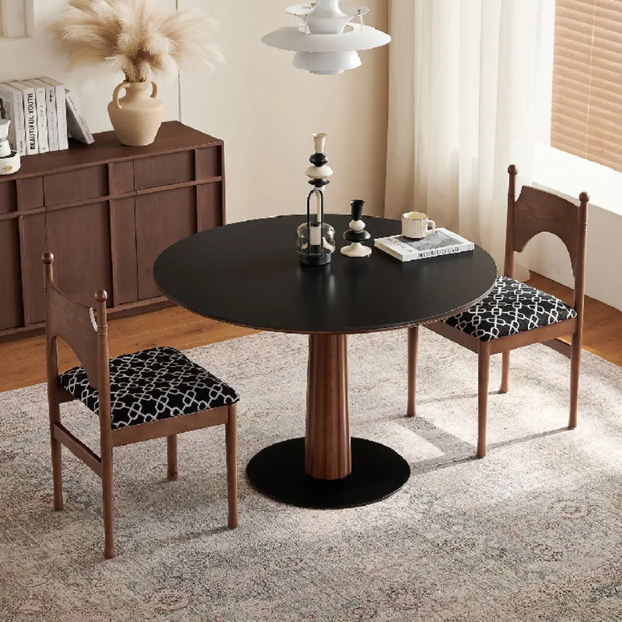 Contemporary Small Round Stone Top Wood Pedestal Dining Table