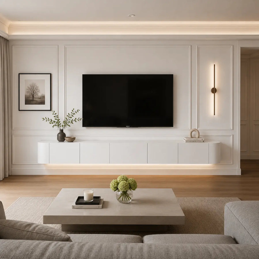 Contemporary White Wall-Mounted TV Stand with Cabinet