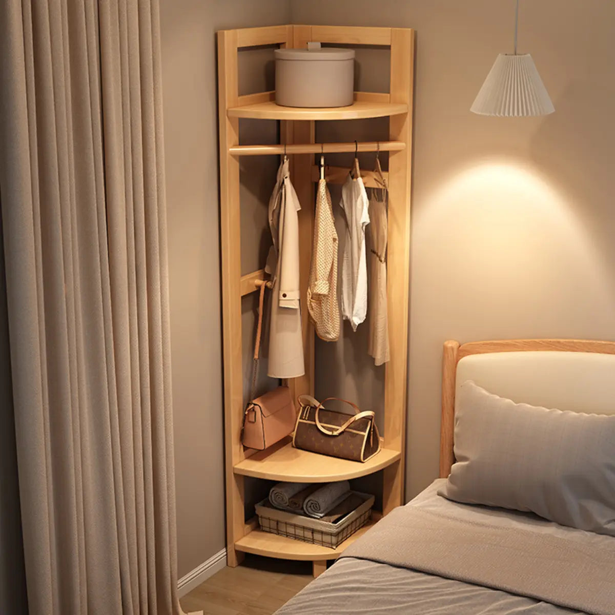 Corner Natural Wood Hooks Stand Coat Rack with Shelves