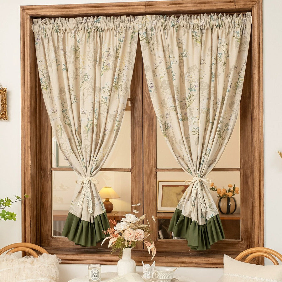 Garden Print Curtain with Forest Green Ruffle Trim