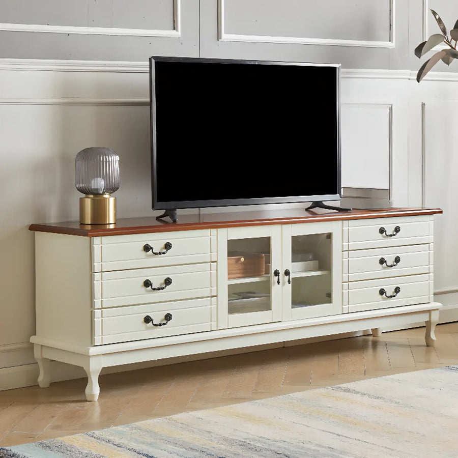 Cream Wood Rectangular TV Stand with Cabinet Drawers