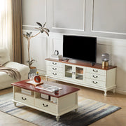 Cream Wood Rectangular TV Stand with Cabinet Drawers