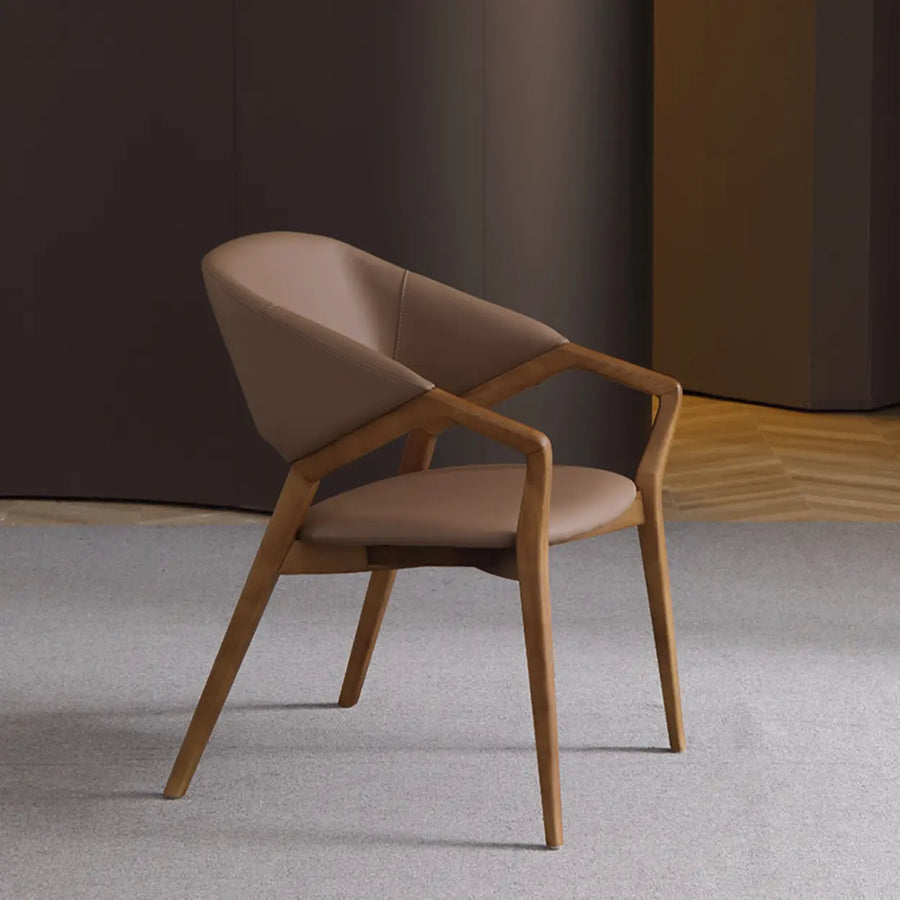 Curved Back Arm Chair Leather Wood Frame Dining Chair