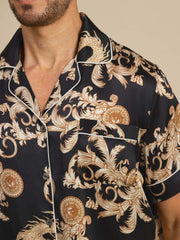 100% Mulberry Silk Men's Dragon Print  Short Sleeve Lapel Collar Pajamas Set