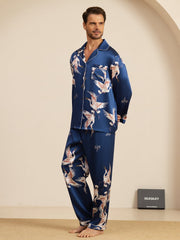 19Momme 100% Mulberry Silk Men's Crane Print Long Sleeve Notch Collar Pajamas Set