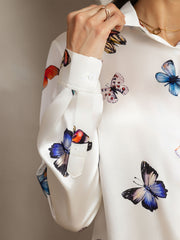 19Momme Silk Butterfly Print Long Sleeve Lapel Collar Women's Shirt