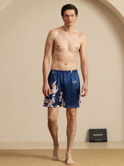 19Momme 100% Mulberry Silk Men's Crane Print Elastic Waist Sleep Shorts