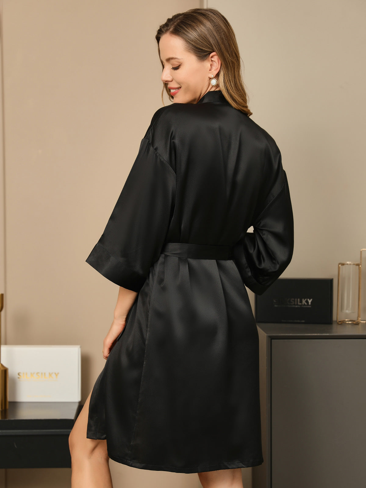 100% Mulberry Silk 3/4 Sleeve Women's Kimono Wrap Robe