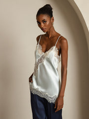 100% Mulberry Silk Spaghetti Straps Lace Camisole Top with Asymmetrical Hem