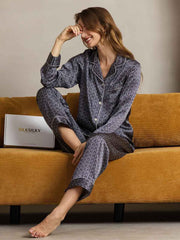 Clearance - Women's 100% Mulberry Silk Ginkgo Print Long Sleeve Lapel Collar Pajamas Set