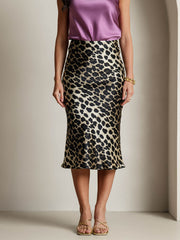 19Momme 100% Mulberry Silk Leopard Print Stretch Straight Long Skirt