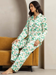 Clearance - Women's Pure Silk Green Floral Print Long Sleeve Notch Collar Pajamas Set