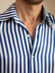 19Momme Silk Men's Long Sleeve Lapel Collar Stripe Print Shirt