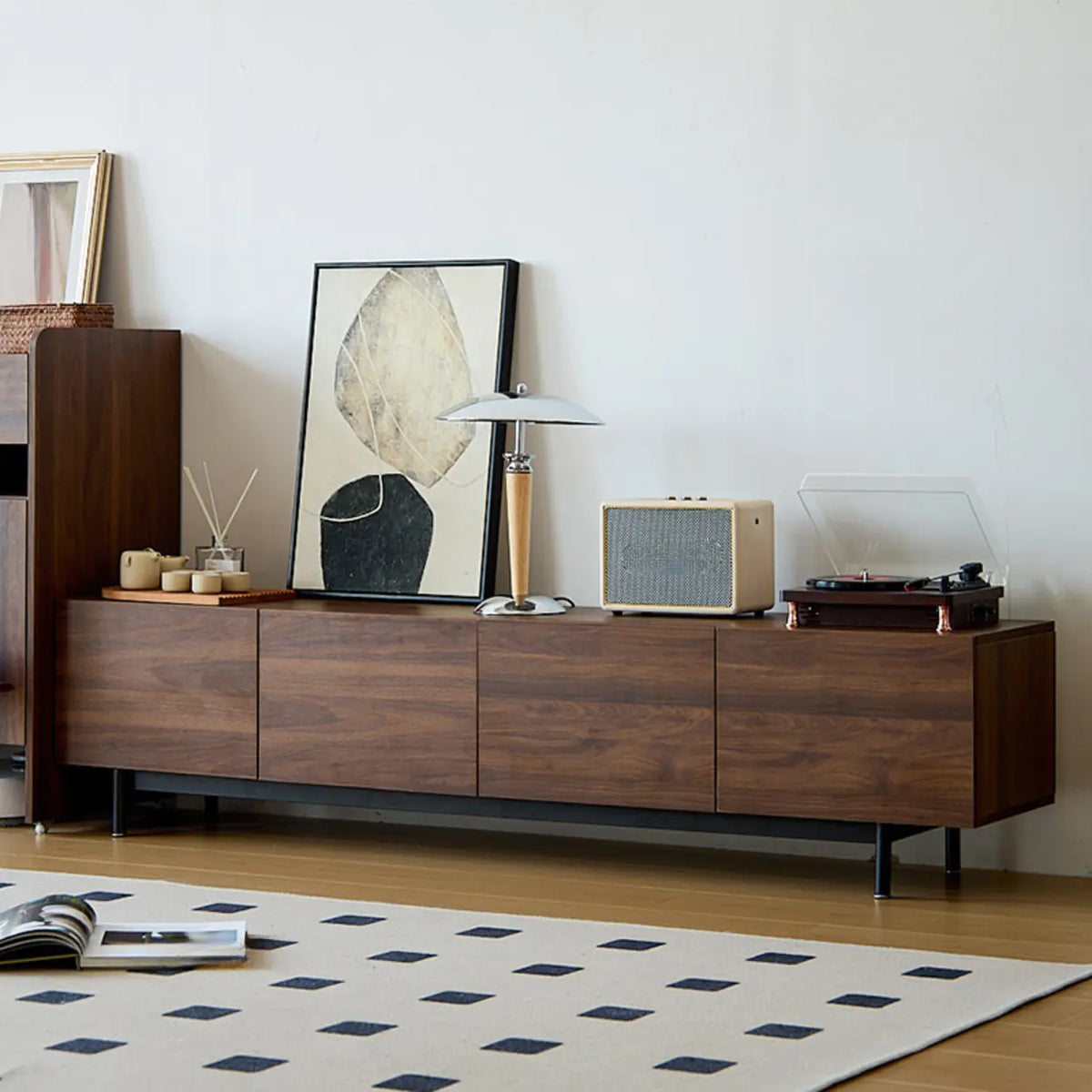 Dark Walnut Wood Cabinet Door Long Rectangle TV Stand