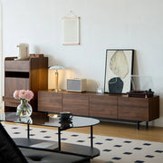 Dark Walnut Wood Cabinet Door Long Rectangle TV Stand