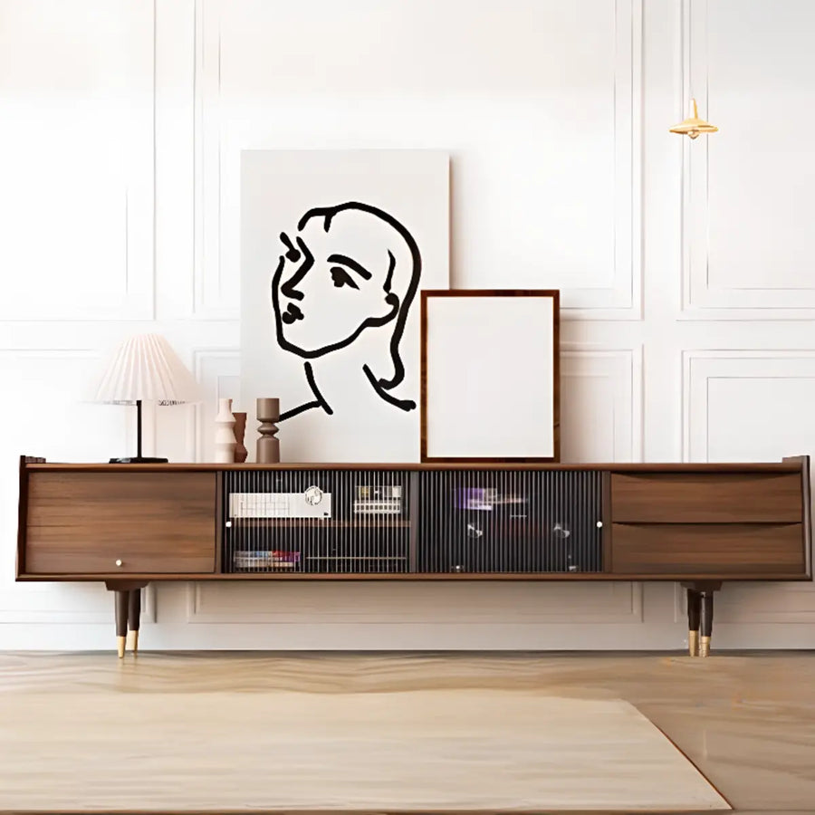 Dark Walnut Wood Drawers Shelves Cabinets TV Stand