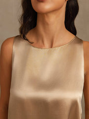 100% Mulberry Silk Sleeveless U-Neck Backless High-low Tank Top & Wide Leg Pants Set