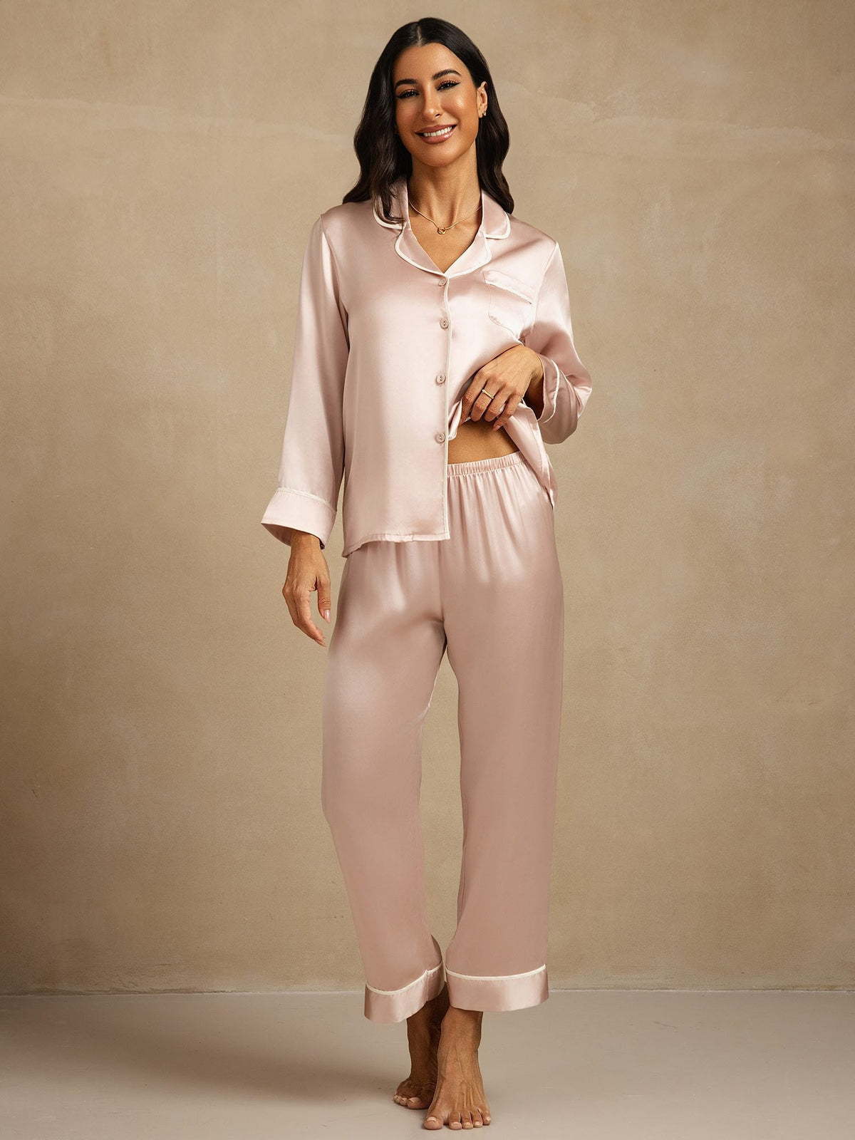 100% Mulberry Silk Classic Long Sleeve Pajama Set with Contrast Piping