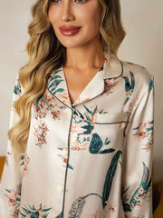 100% Mulberry Silk Botanical Print Long Sleeve Women's Pajamas Set