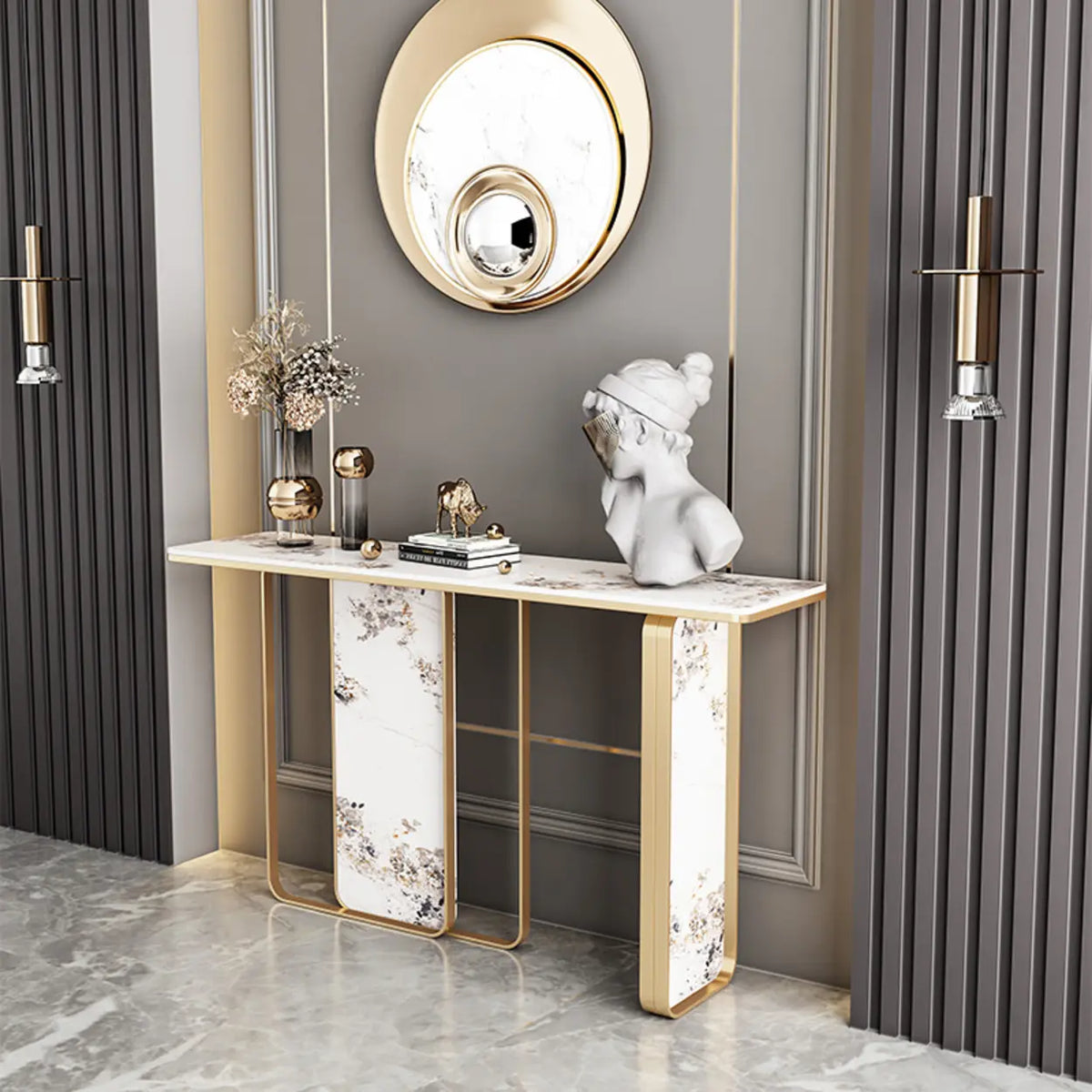 Decorative Geometric Stone Top and Gold Console Table