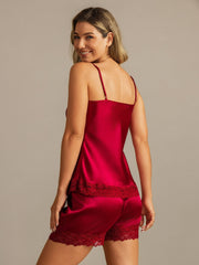 100% Mulberry Silk Lace Trim Spaghetti Strap V Neck Sexy Camisole Set