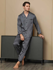 100% Mulberry Silk Ginkgo Print Long Sleeve Men's Pajamas Set With Pants