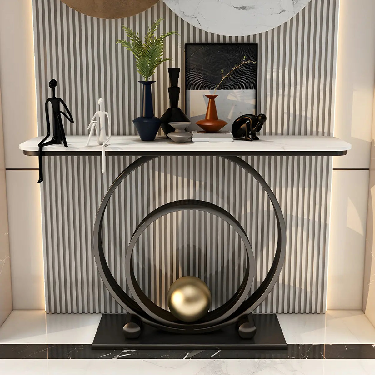Double Iron Circle Base White Stone Large Console Table