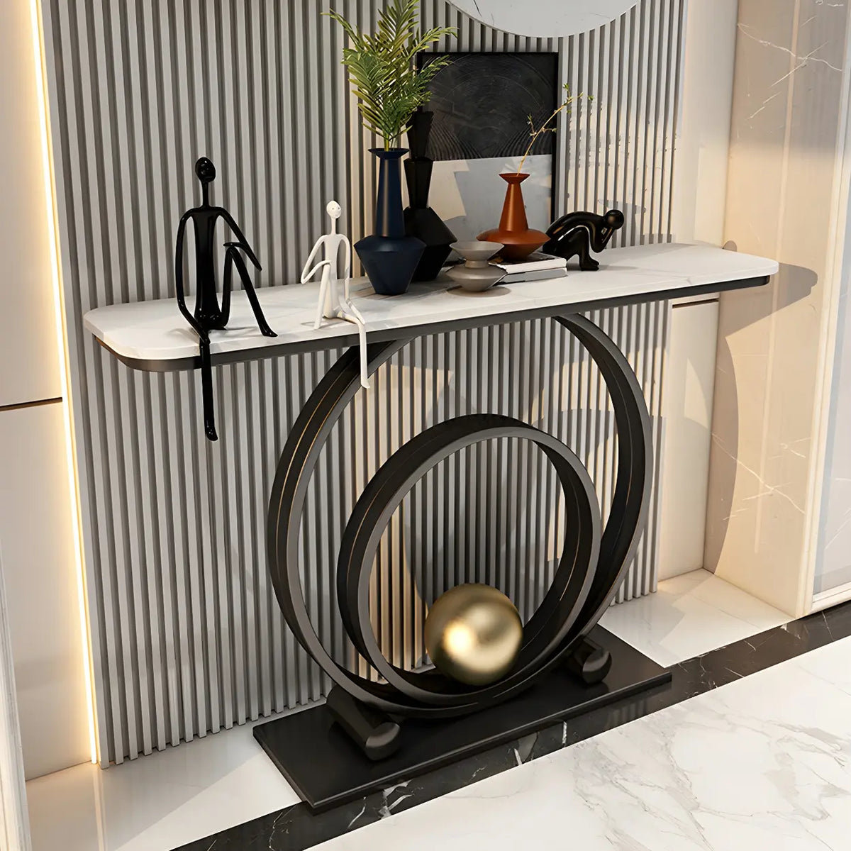Double Iron Circle Base White Stone Large Console Table