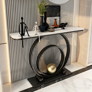 Double Iron Circle Base White Stone Large Console Table