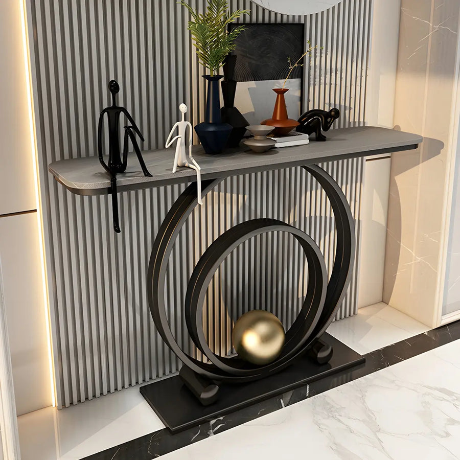 Double Iron Circle Base White Stone Large Console Table