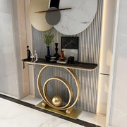Double Iron Circle Base White Stone Large Console Table