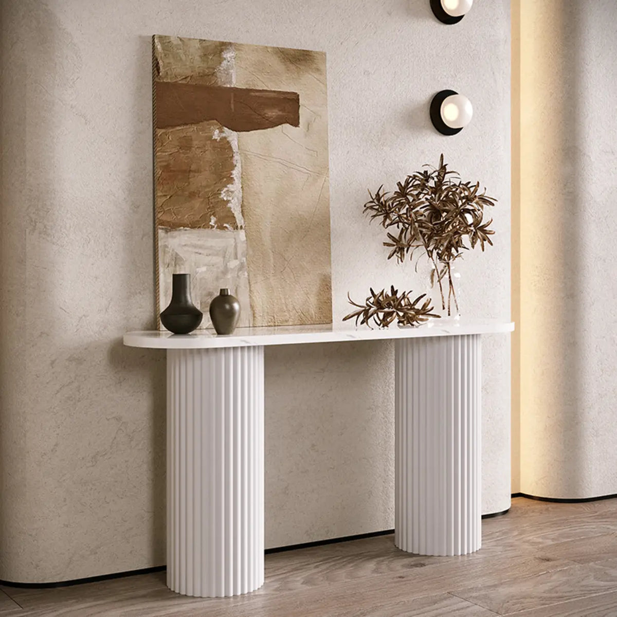 Double Pedestal Oval White Sintered Stone Console Table