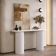 Double Pedestal Oval White Sintered Stone Console Table