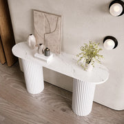 Double Pedestal Oval White Sintered Stone Console Table