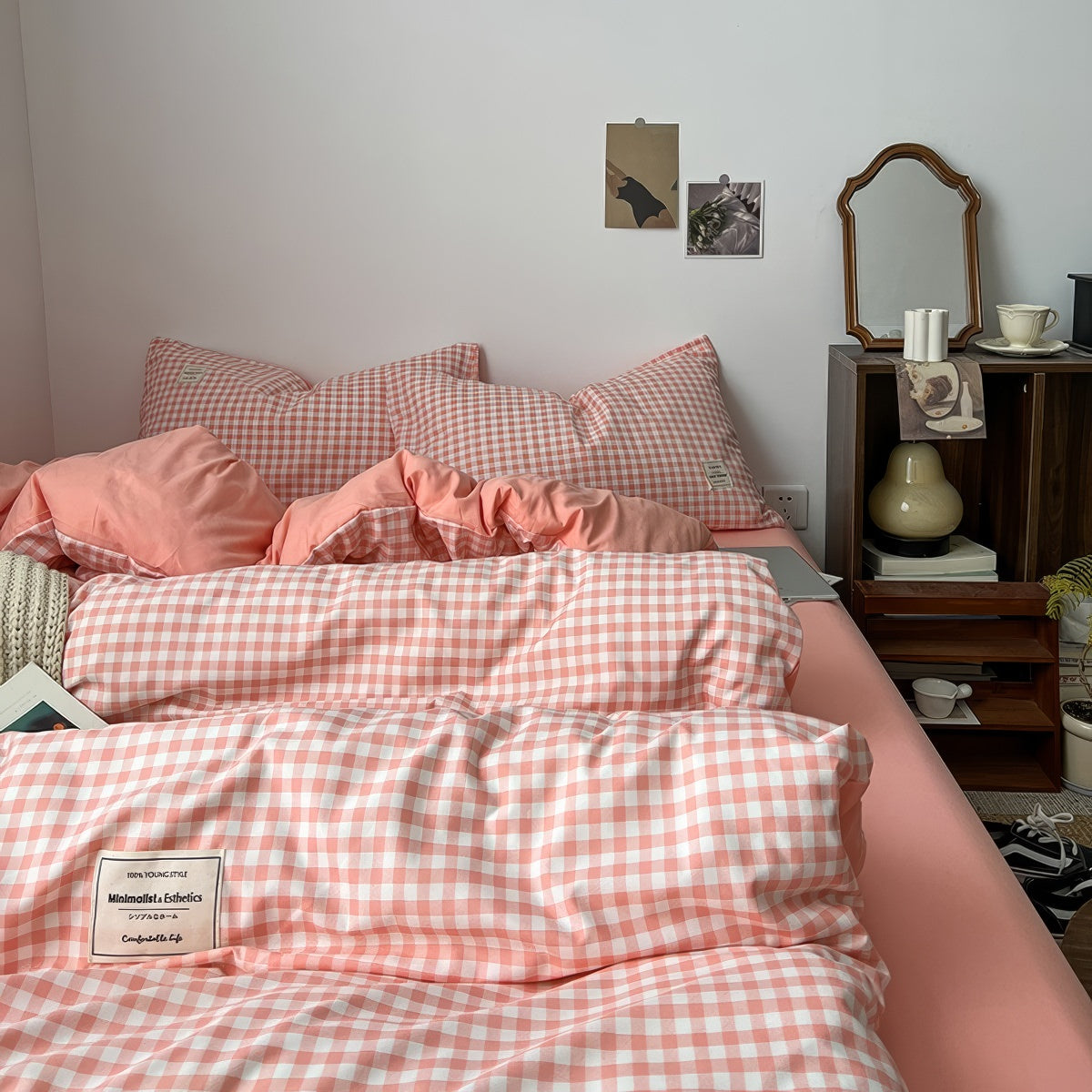 Peachy Pink Gingham Bedding Set