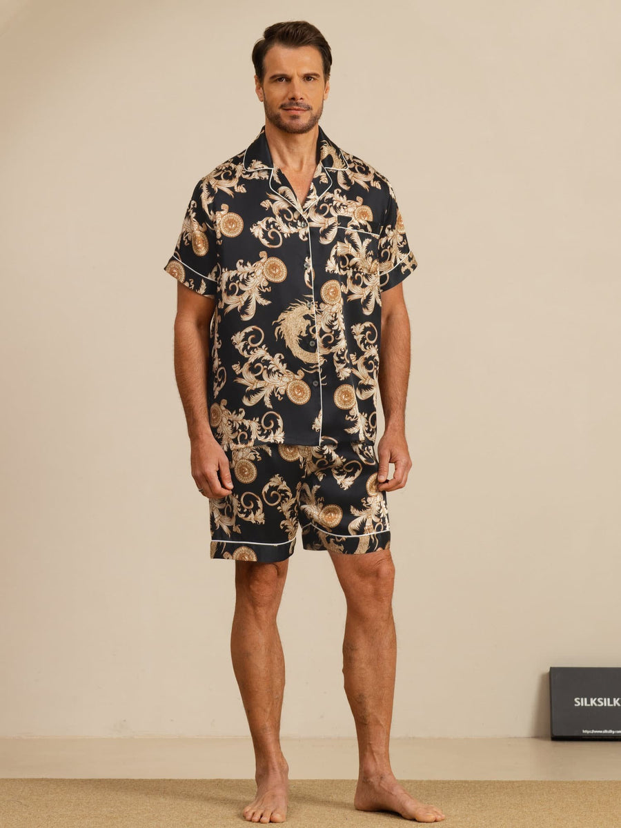 100% Mulberry Silk Men's Dragon Print  Short Sleeve Lapel Collar Pajamas Set
