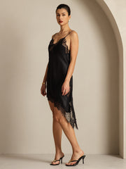 100% Mulberry Silk V Neck Asymmetrical Hem Slip Short Dress with Lace Design
