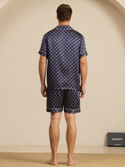100% Mulberry Silk Short Sleeve Notch Collar Men's Chain Print Pajamas Set with Shorts