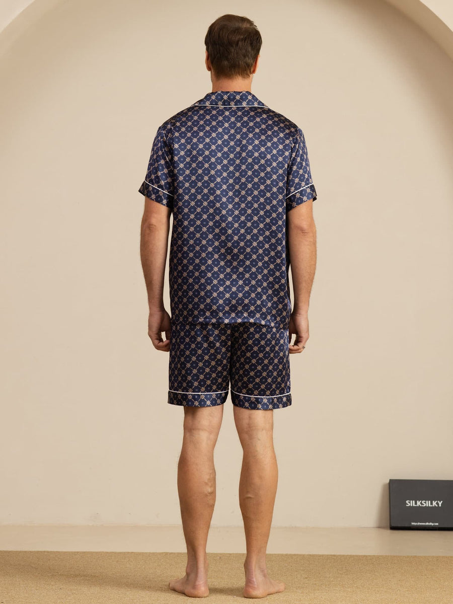 100% Mulberry Silk Short Sleeve Notch Collar Men's Chain Print Pajamas Set with Shorts