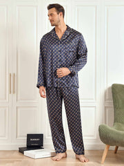 100% Mulberry Silk Navy Chain Print Long Sleeve Men's Pajamas Set With Pants