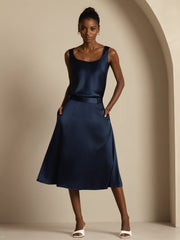 19Momme Silk High-Waist A-Line Midi Skirt with Pockets