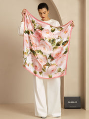 100% Mulberry Silk Pink Floral Print Square Scarf - Size 90x90cm