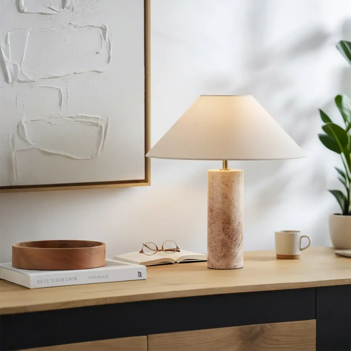 Elegant Beige Marble Base Table Lamp with Cone Fabric Shade