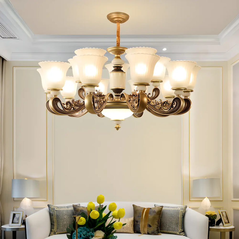 Elegant Bronze Frosted White Glass Flower Chandelier