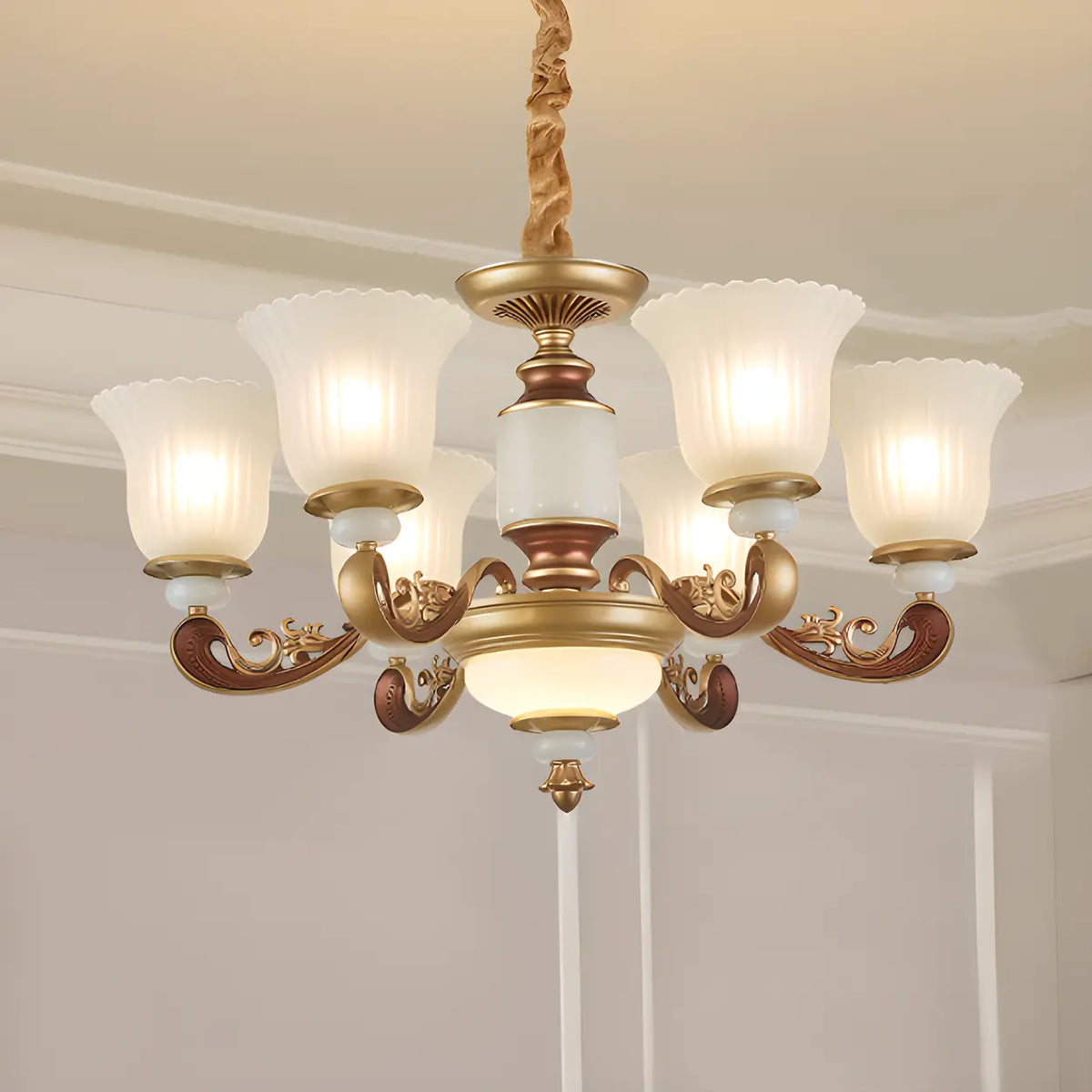 Elegant Bronze Frosted White Glass Flower Chandelier