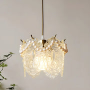 Elegant Clear Crystal Pearl Decor Floral Drum Pendant Light