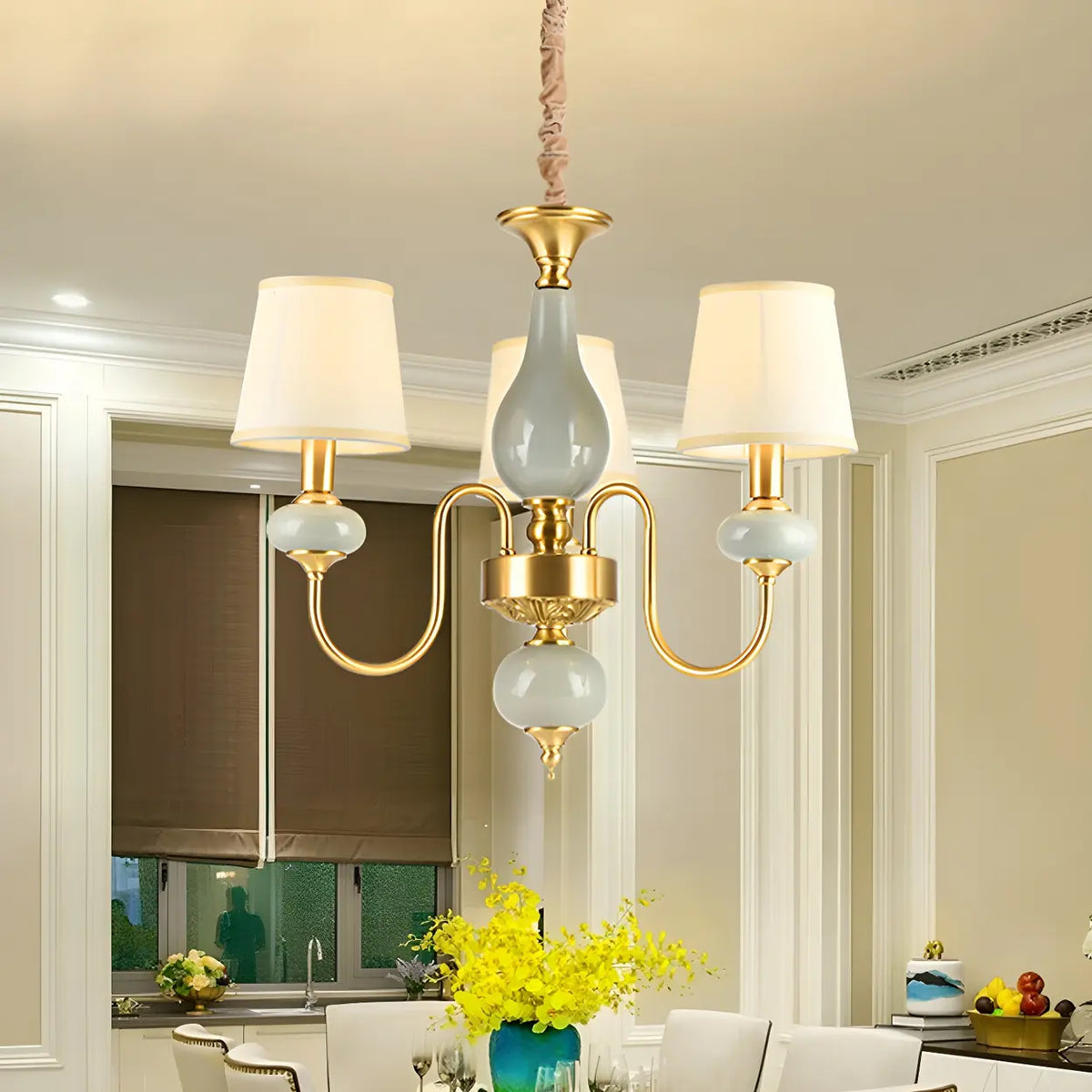 Elegant Dining Room Brass Ceramic Round Drum Chandelier