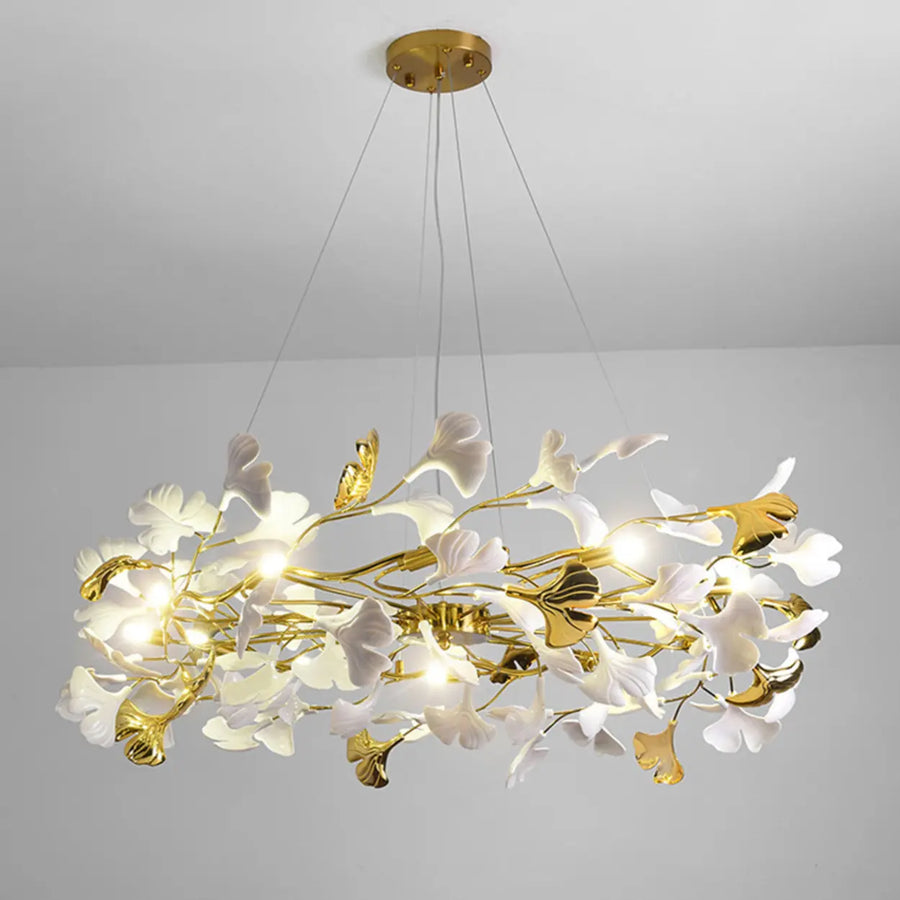 Elegant Gold Branch Circle Ginkgo Leaf Chandelier